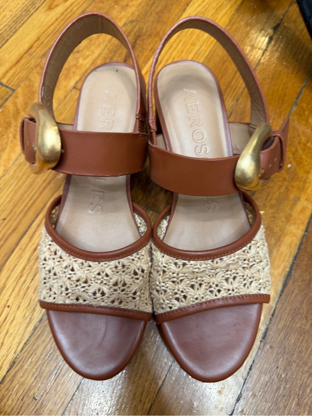 AEROSOLES Brown & Cream Woven Slingback Sandals